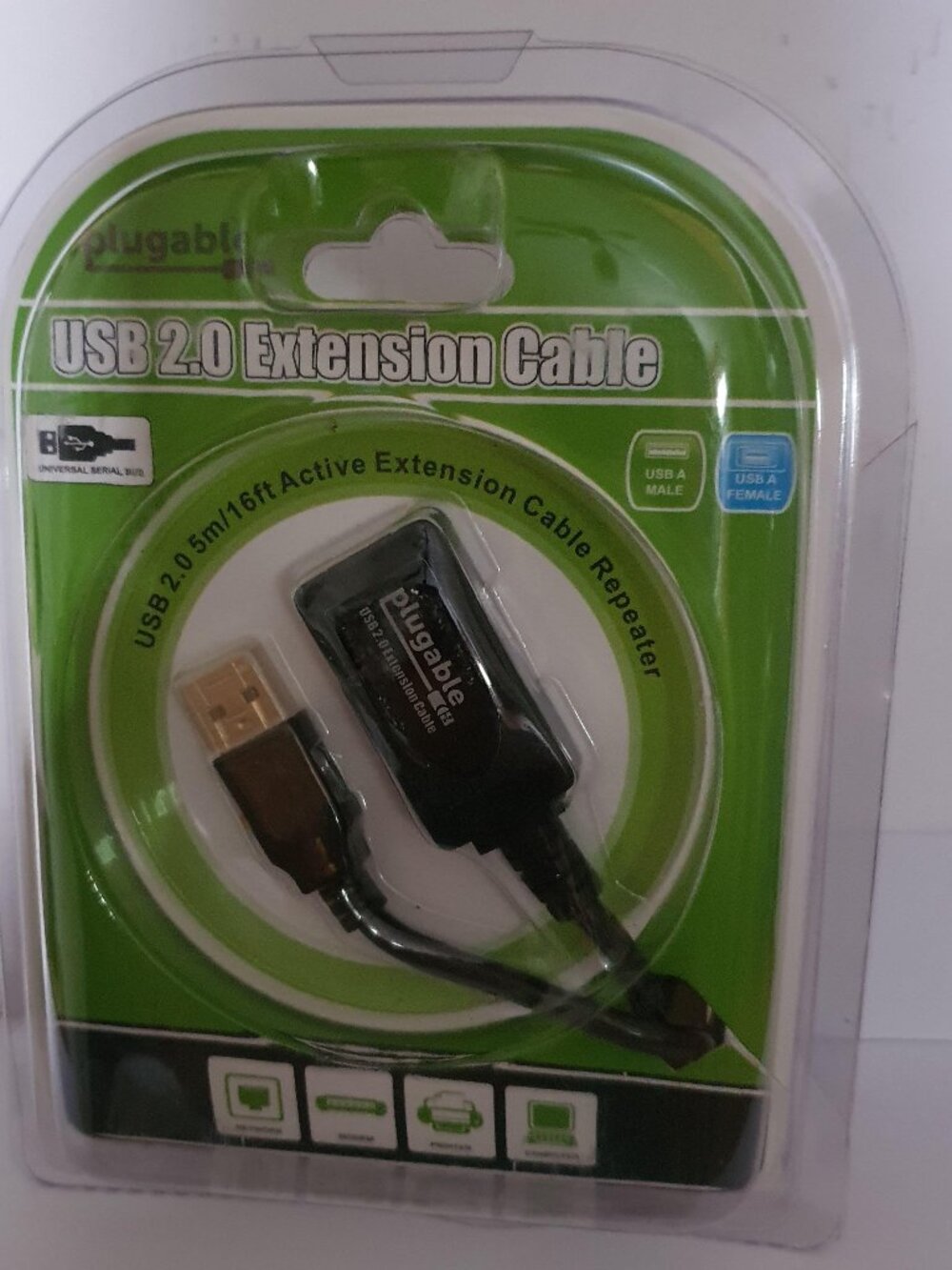 Plugable 5 Meter (16ft) USB 2.0 Active Extension Cable Type A Male to A Female